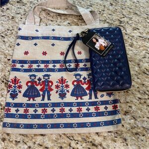 2 Pc Bundle NWT Modern + Chic Quilted Wallet Wristlet & Folk Art Linen Tote Bag